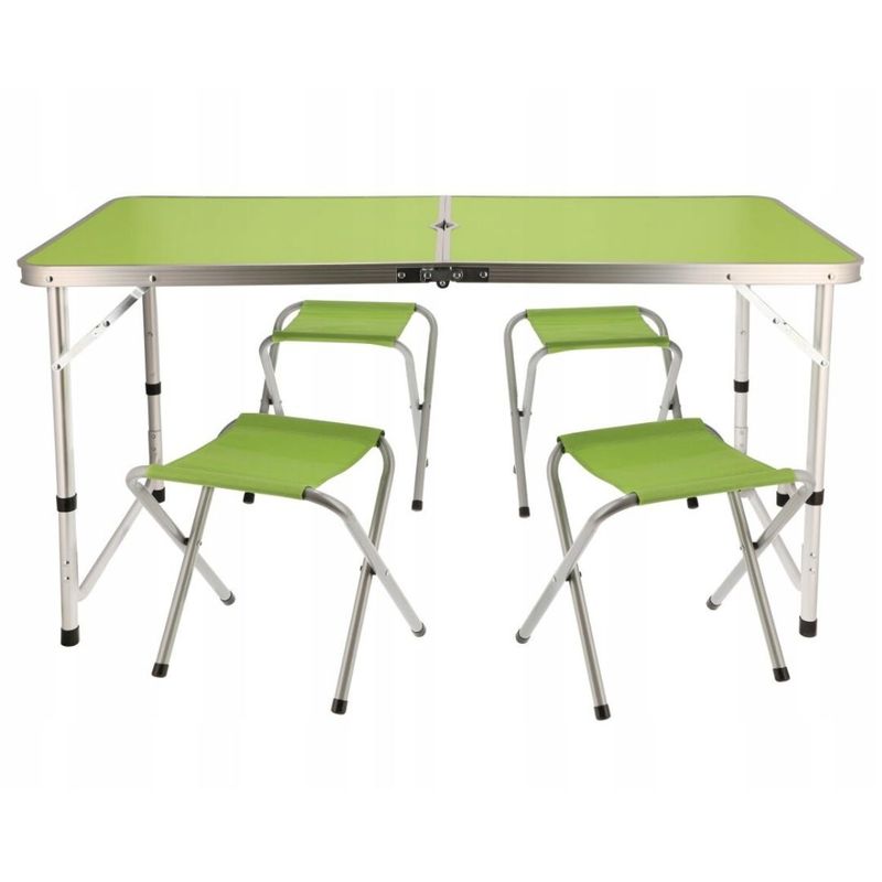 Sport si Outdoor - Camping - Mobilier pentru camping - Mese camping - Set mobilier de camping pliabil, Jumi, verde, masa cu picioare reglabile si 4 tabureti - Infinity.ro