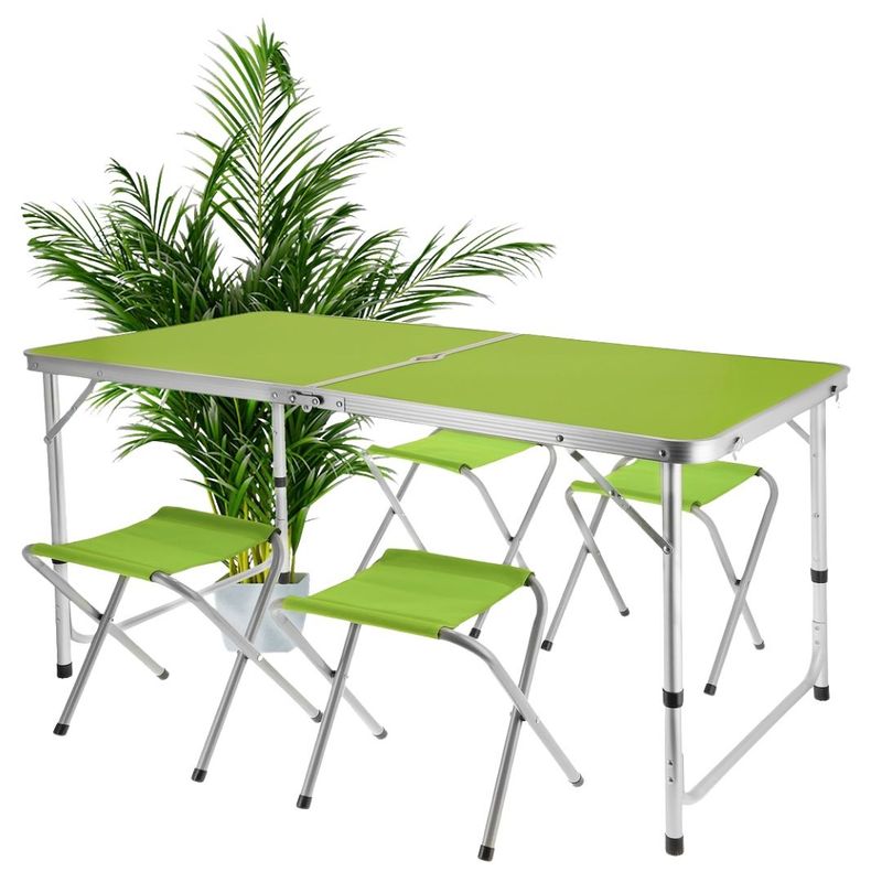 Sport si Outdoor - Camping - Mobilier pentru camping - Mese camping - Set mobilier de camping pliabil, Jumi, verde, masa cu picioare reglabile si 4 tabureti - Infinity.ro