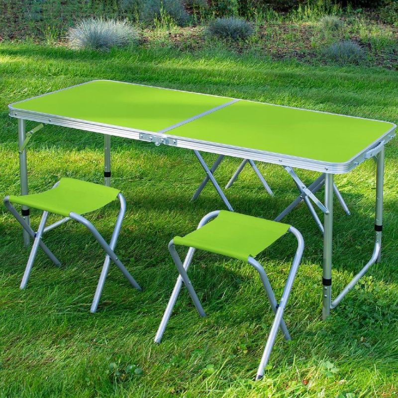 Sport si Outdoor - Camping - Mobilier pentru camping - Mese camping - Set mobilier de camping pliabil, Jumi, verde, masa cu picioare reglabile si 4 tabureti - Infinity.ro