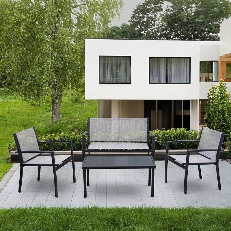 Casa si Gradina - Gradina si terasa - Mobilier exterior - Seturi mobila gradina - Set mobilier de gradina Jumi, canapea, 2 fotolii si masuta de cafea, otel si textilena, gri - Infinity.ro