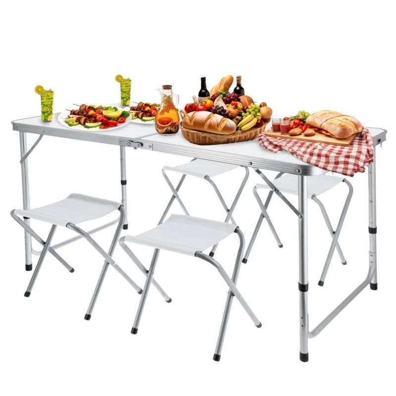Casa si Gradina - Gradina si terasa - Mobilier exterior - Seturi mobila gradina - Set mobilier de camping pliabil, Jumi, alb, masa cu picioare reglabile si 4 tabureti - Infinity.ro