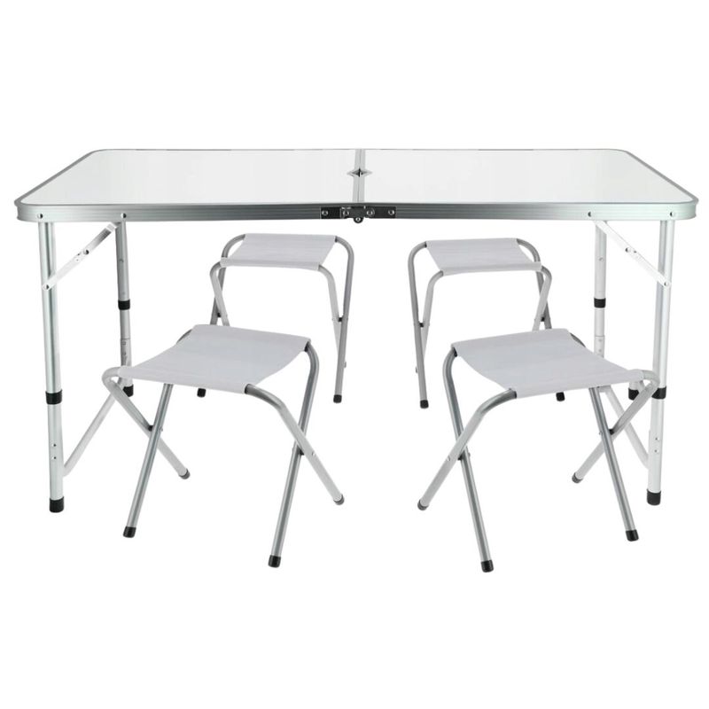 Casa si Gradina - Gradina si terasa - Mobilier exterior - Seturi mobila gradina - Set mobilier de camping pliabil, Jumi, alb, masa cu picioare reglabile si 4 tabureti - Infinity.ro