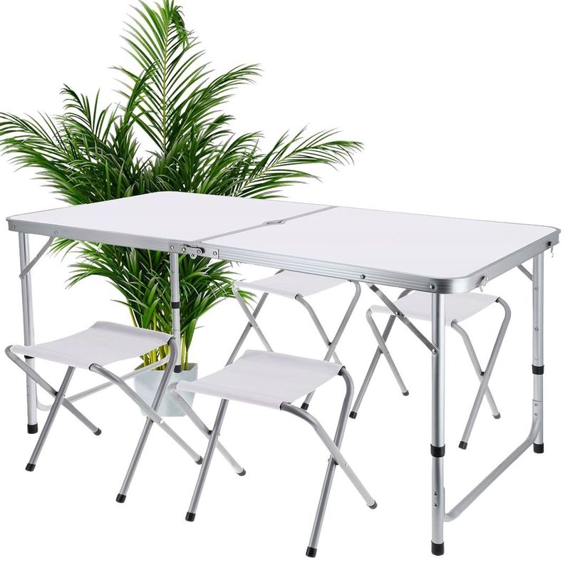 Casa si Gradina - Gradina si terasa - Mobilier exterior - Seturi mobila gradina - Set mobilier de camping pliabil, Jumi, alb, masa cu picioare reglabile si 4 tabureti - Infinity.ro