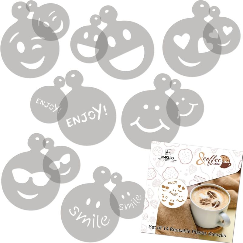 Casa si Gradina - Decoratiuni - DIY - Sabloane decorative pereti - Set 14 sabloane decorare cafea 14 si 7 cm 0.5mm Emoji-uri model MXSP7343 - Infinity.ro