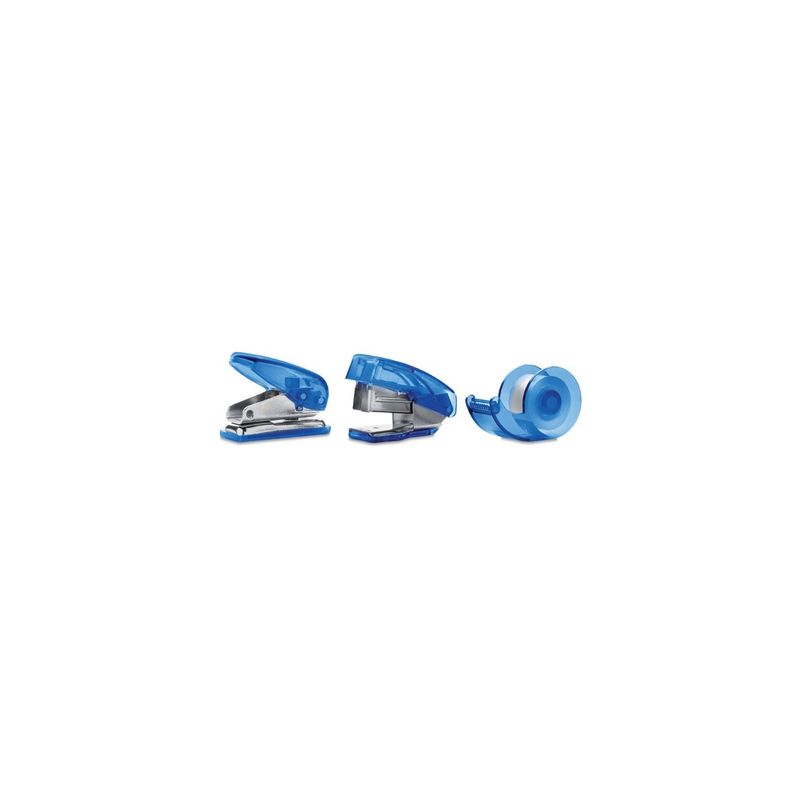 Carti si Birotica - Birotica - Accesorii de birou - Capsatoare si perforatoare - Set papetarie, Mini Perforator, Banda Adeziva si Capsator cu 300 capse, Cutie Transparenta, Albastru, 9,5X6X2 cm - Infinity.ro