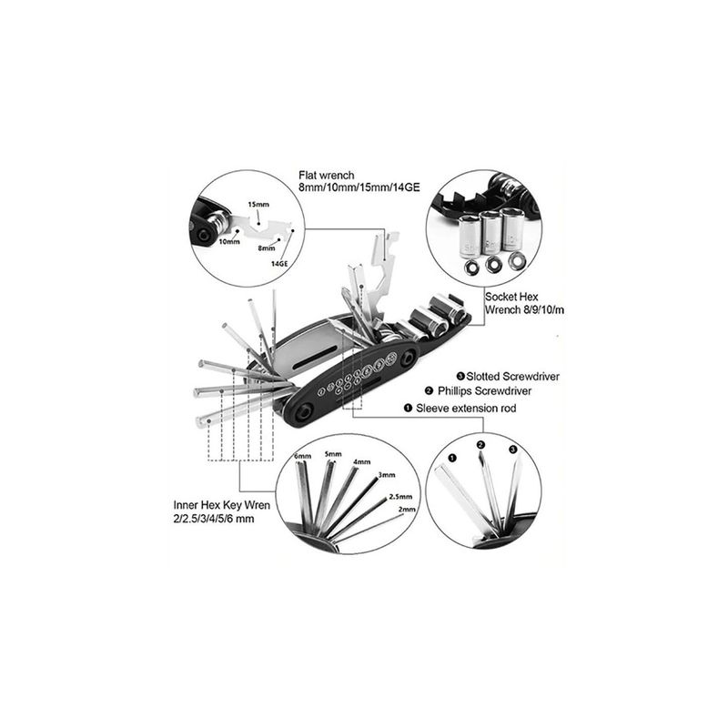 Sport si Outdoor - Ciclism - Piese pentru biciclete - Scule biciclete - Kit Multifunctional pentru Bicicleta 16 in 1, Chei, Surubelnite, Inbus, Levier Engros, 9 x 5 cm - Infinity.ro