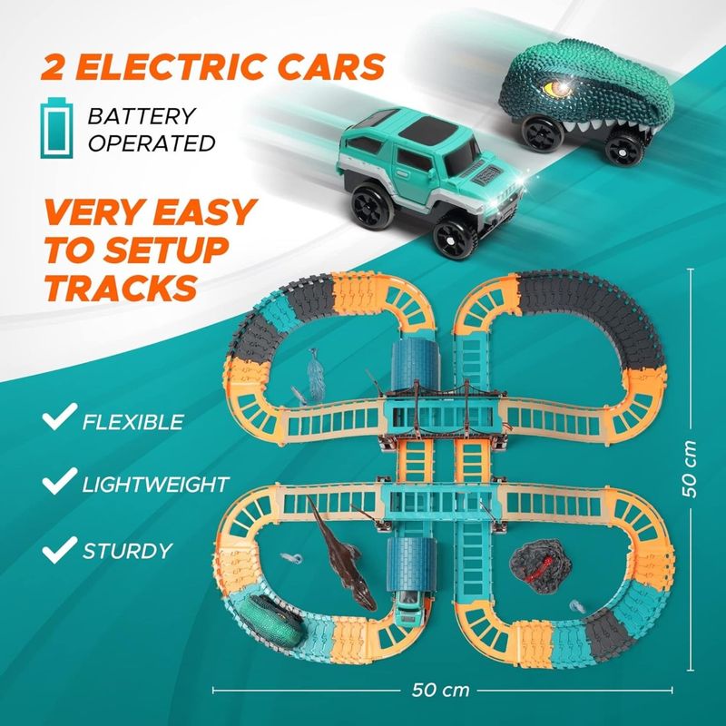 Jucarii, Copii si Bebe - Jucarii si jocuri - Seturi de constructie si cuburi - Seturi de constructie - Jucarie de constructie, 2 masini cu dinozaur electric, circuit de curse, pentru copii, 60 X 53 X 14 cm - Infinity.ro