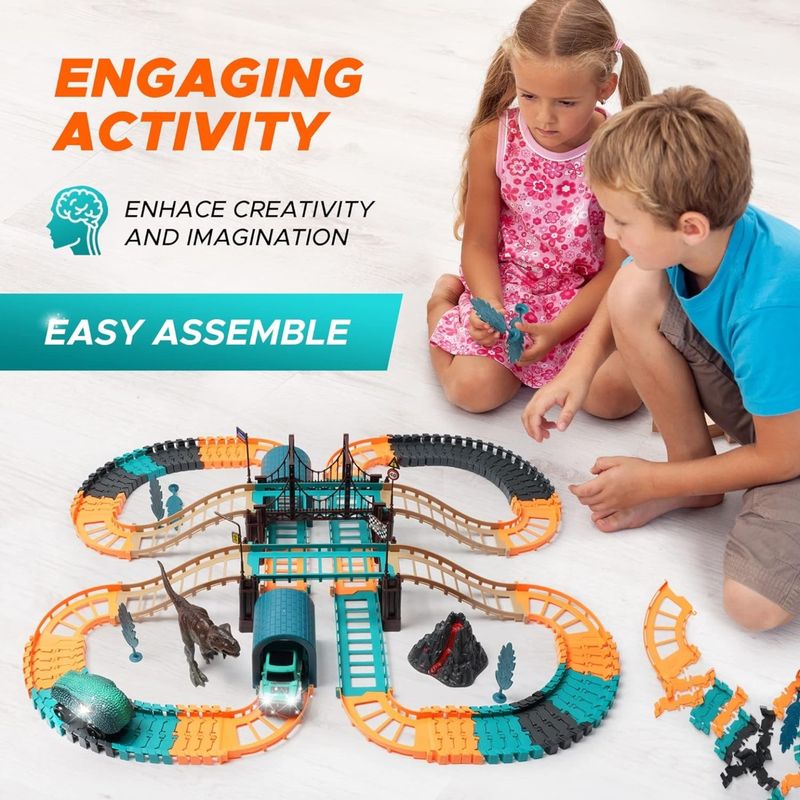 Jucarii, Copii si Bebe - Jucarii si jocuri - Seturi de constructie si cuburi - Seturi de constructie - Jucarie de constructie, 2 masini cu dinozaur electric, circuit de curse, pentru copii, 60 X 53 X 14 cm - Infinity.ro