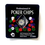 Jucarii, Copii si Bebe - Jucarii si jocuri - Jocuri si puzzle - Jocuri de societate - Poker cu 100 chips poker in cutie metalica, buton dealer, jetoane 4 culori de 1, 5 10 si 25,  2 carti joc - Infinity.ro