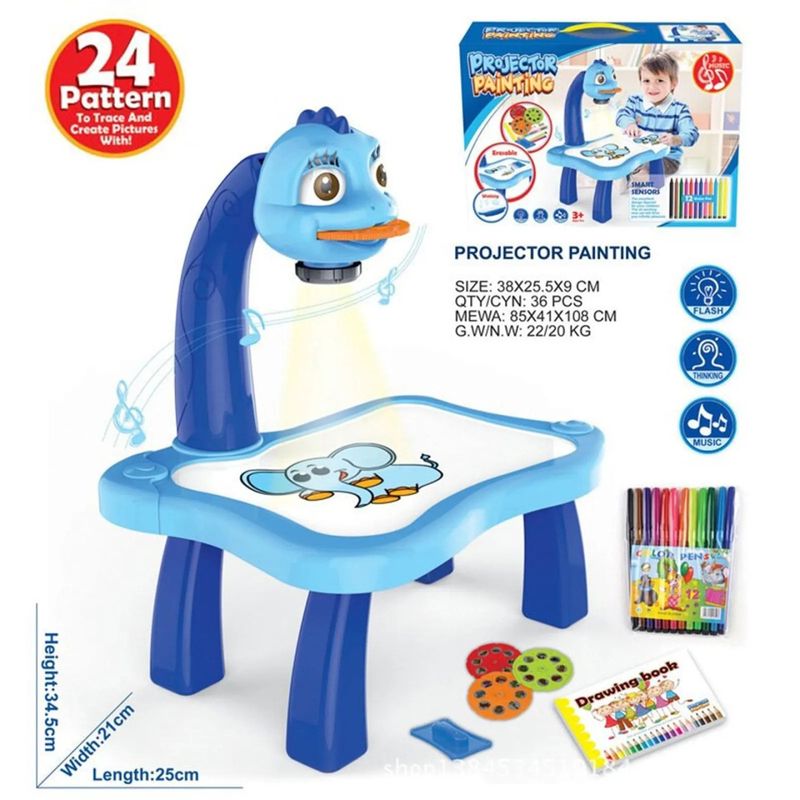 Jucarii, Copii si Bebe - Jucarii si jocuri - Jucarii & jocuri educative - Seturi pictura si desen - Masa de Desenat Educationala Pentru Copii,cu Proiector si Muzica, Set 12 Culori, Burete, 24 Imagini, Albastra, 38X25.5X9 cm - Infinity.ro