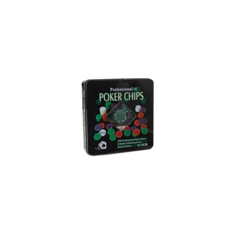 Jucarii, Copii si Bebe - Jucarii si jocuri - Jocuri si puzzle - Jocuri de societate - Poker cu 100 chips poker in cutie metalica, buton dealer, jetoane 4 culori de 1, 5 10 si 25,  2 carti joc - Infinity.ro