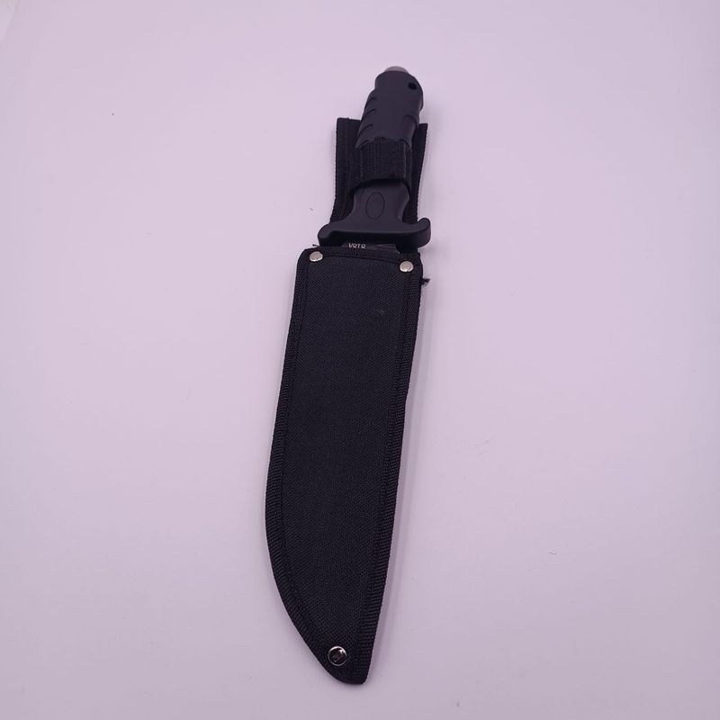 Sport si Outdoor - Camping - Cutite, bricege si accesorii - Cutite si bricege - Cutit Vanatoare cu Maner Negru Mat, Lama Zimtata, Agatatoare, Husa Material Textil, Otel, 31 cm, Dalimag - Infinity.ro