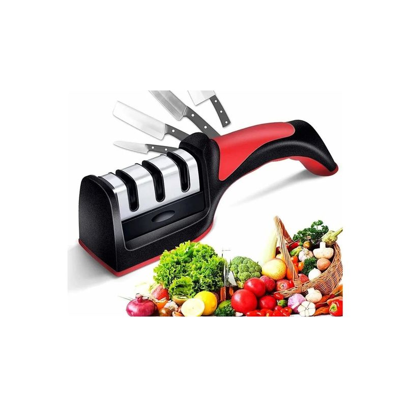 Casa si Gradina - Bucatarie si vesela - Ustensile bucatarie - Ascutitoare cutite - Dispozitiv profesional pentru ascutit cutite, din otel, inoxidabil cu 3 nivele si maner , 21 cm, negru/rosu - Infinity.ro