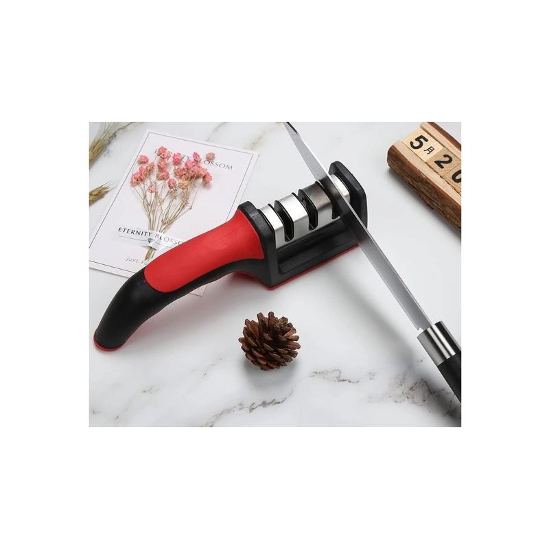 Casa si Gradina - Bucatarie si vesela - Ustensile bucatarie - Ascutitoare cutite - Dispozitiv profesional pentru ascutit cutite, din otel, inoxidabil cu 3 nivele si maner , 21 cm, negru/rosu - Infinity.ro