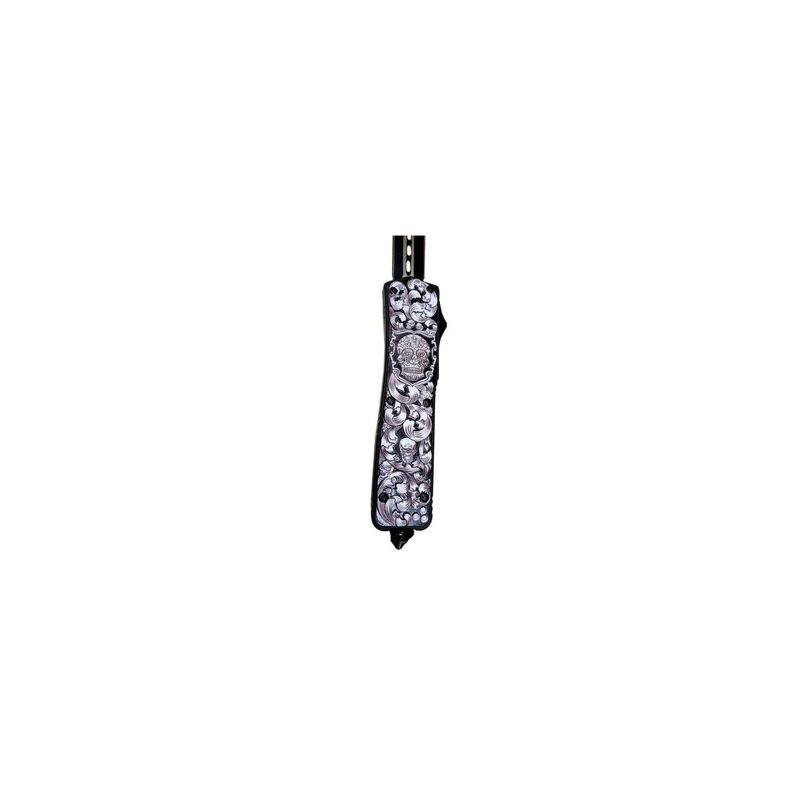 Sport si Outdoor - Camping - Cutite, bricege si accesorii - Cutite si bricege - Cutit cu Deschidere Automata pe Buton, Spart Geam, Model Cap de Mort, Prindere Curea, Agatatoare, 22 cm - Infinity.ro