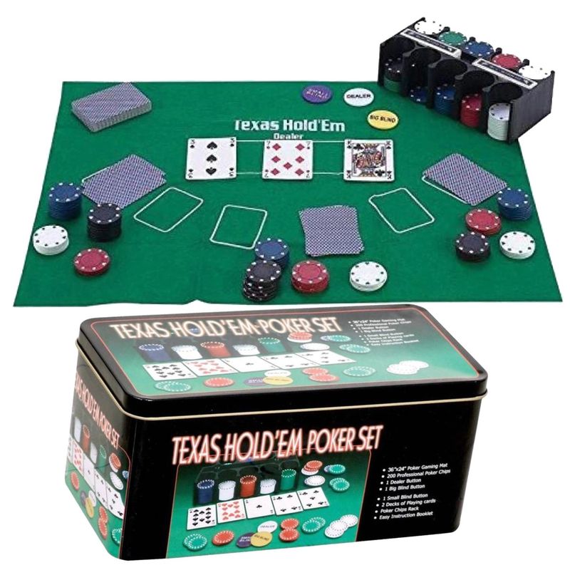 Jucarii, Copii si Bebe - Jucarii si jocuri - Jocuri si puzzle - Jocuri de societate - Poker cu 200 chips poker in cutie metalica, buton dealer, jetoane 4 culori de 1, 5 10 si 25,  carti joc - Infinity.ro