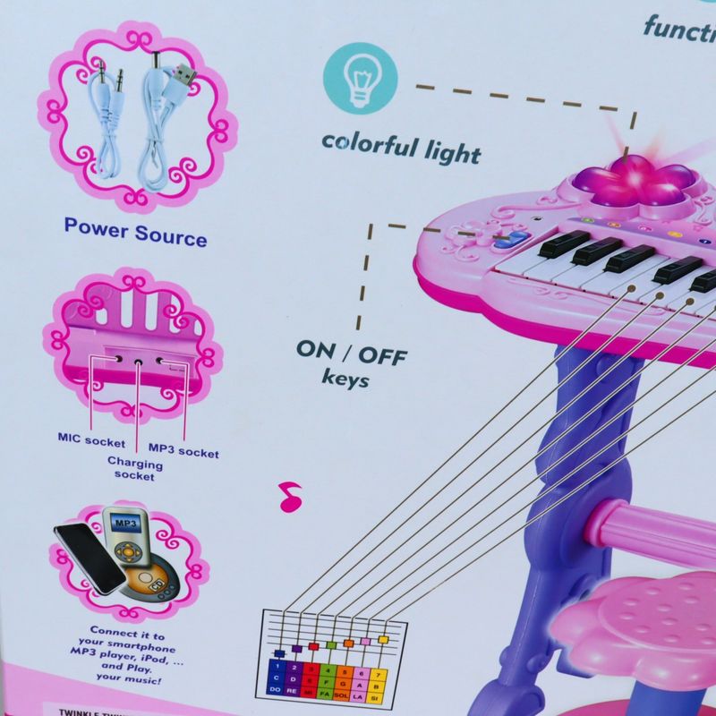 Jucarii, Copii si Bebe - Jucarii si jocuri - Jucarii de rol - Instrumente muzicale de jucarie - Orga Electronica, Microfon si Scaunel, 37 Taste Pian, 8 ritmuri diferite, 4 sunete instrumente, Roz - Infinity.ro