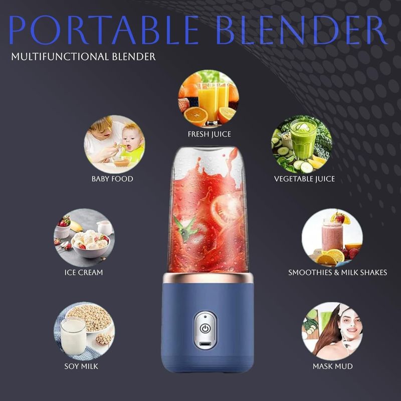 Electronice si Electrocasnice - Electrocasnice bucatarie - Mixere, tocatoare & roboti de bucatarie - Blendere si mini tocatoare - Mini Blender Portabil, Incarcare USB, 6 Lame Din Inox, pentru sucuri de fructe, 2 Pahare din ABS, Capacitate 400 ml - Infinity.ro