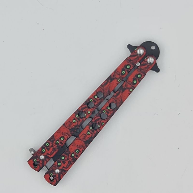 Sport si Outdoor - Camping - Cutite, bricege si accesorii - Cutite si bricege - Cutit fluture Butterfly, Balisong 21.50cm, cap de mort rosu M2, fara tais, de antrenament - Infinity.ro