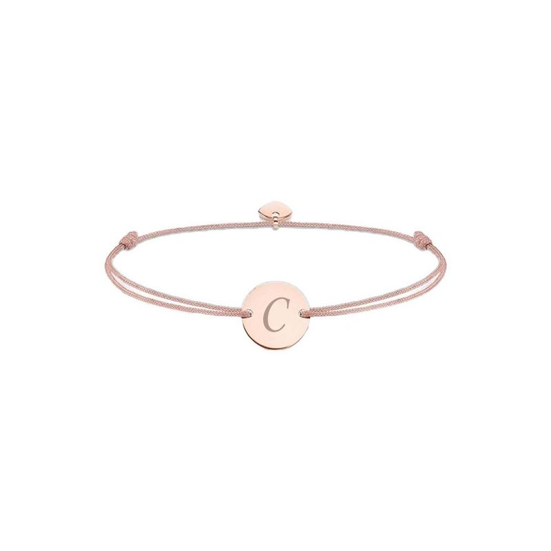 Fashion, accesorii si bijuterii - Femei - Bijuterii femei - Bratari femei - Bratara Ajustabila, Cu Banut Rotund Si Inima, Auriu Roz, Gravat Litera Ta, Snur Roz Pudra - Infinity.ro