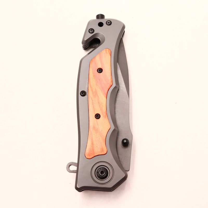 Sport si Outdoor - Camping - Cutite, bricege si accesorii - Cutite si bricege - Briceag Cu Sistem De Taiat Centura Si Dispozitiv Pentru Spart Geamuri, Maner Lemn, Prindere Curea, Metalic, 23 cm - Infinity.ro