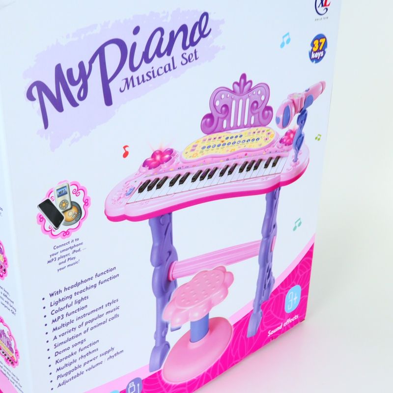 Jucarii, Copii si Bebe - Jucarii si jocuri - Jucarii de rol - Instrumente muzicale de jucarie - Pian de Jucarie, MP3, Lumini, Functie Touch, Karaoke, Cablu Incarcare, Scaun, 50 cm, Multicolor - Infinity.ro