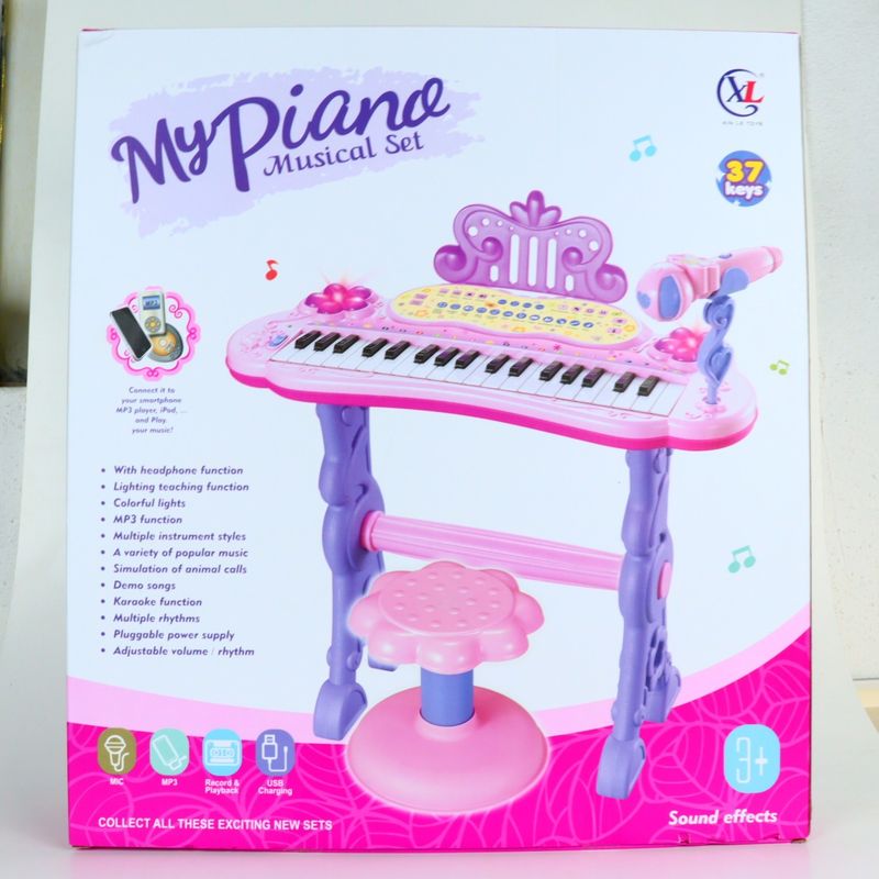 Jucarii, Copii si Bebe - Jucarii si jocuri - Jucarii de rol - Instrumente muzicale de jucarie - Pian de Jucarie, MP3, Lumini, Functie Touch, Karaoke, Cablu Incarcare, Scaun, 50 cm, Multicolor - Infinity.ro