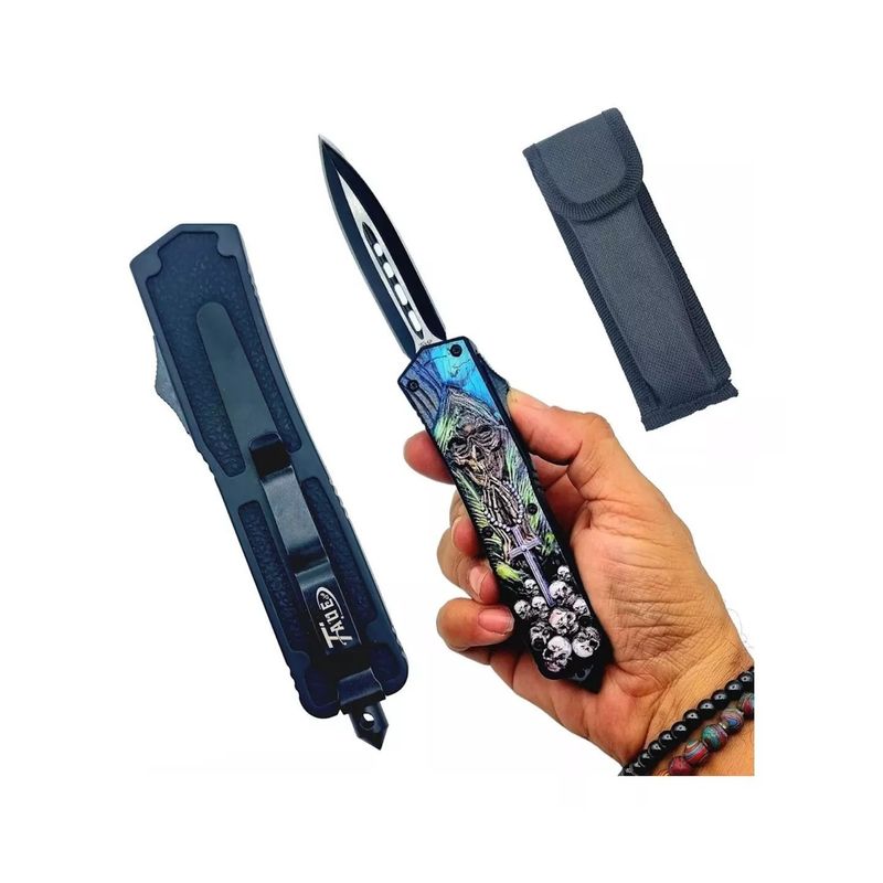 Sport si Outdoor - Camping - Cutite, bricege si accesorii - Cutite si bricege - Cutit Automat pe Buton, Dispozitiv Spart Geam, Sistem Prindere Curea, Gri, Model Cap de Mort, 22 cm - Infinity.ro