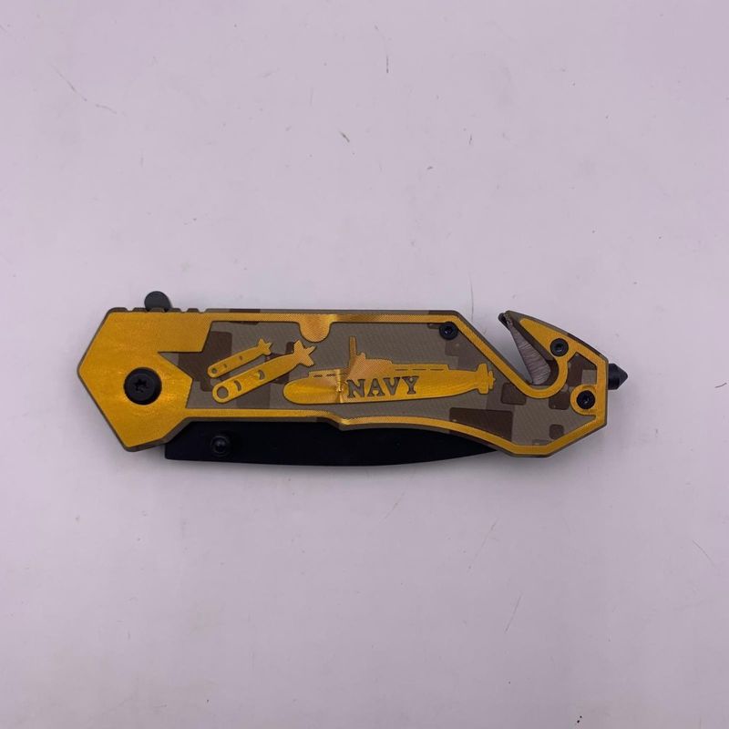 Sport si Outdoor - Camping - Cutite, bricege si accesorii - Cutite si bricege - Briceag manual, Model Navy, Auriu, Sistem Prindere la curea, Taiere Centura si spargator geamuri, Otel, 20 cm - Infinity.ro