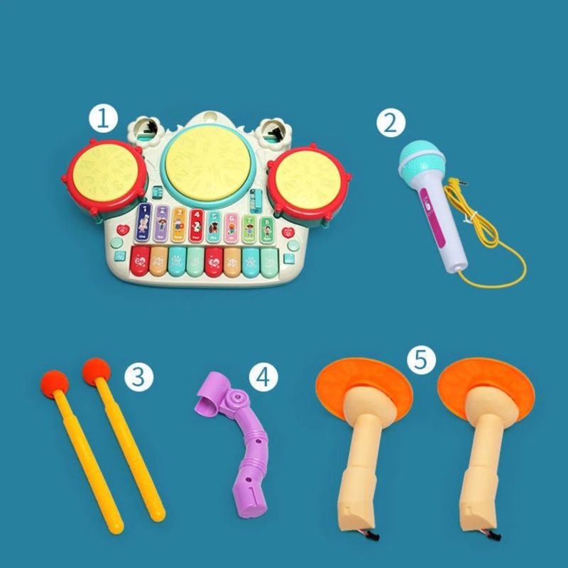 Jucarii, Copii si Bebe - Jucarii si jocuri - Jucarii de rol - Instrumente muzicale de jucarie - Jucarie Muzicala Pian si Toba, Microfon, pentru copii, Lumini si Sunete, 44 cm, Multicolor, - Infinity.ro