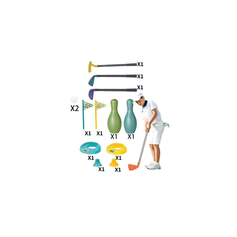 Jucarii, Copii si Bebe - Jucarii si jocuri - Jucarii & jocuri educative - Jucarii interactive - Jucarie Mini Golf Pentru Copii, 3 Crose si 2 Mingi, 2 Gauri, 2 popice, 50 cm, Multicolor, +3 ani - Infinity.ro