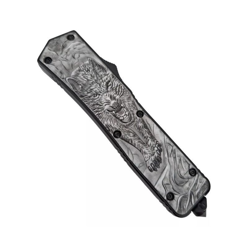 Sport si Outdoor - Camping - Cutite, bricege si accesorii - Cutite si bricege - Cutit Automat pe Buton, Dispozitiv Spart Geam, Sistem Prindere Curea, Gri, Model Lup, 22 cm - Infinity.ro