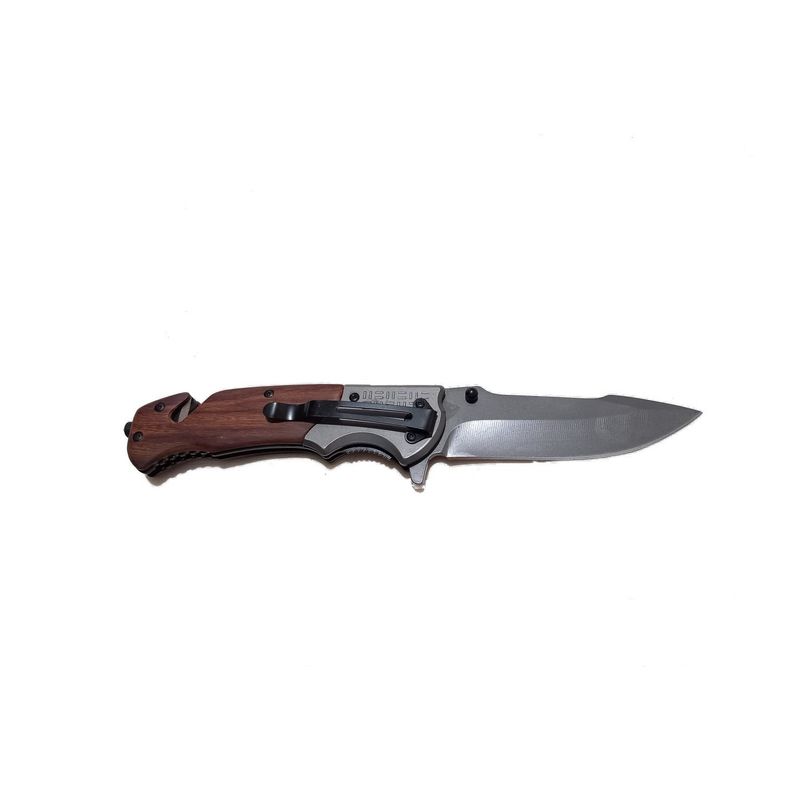 Sport si Outdoor - Camping - Cutite, bricege si accesorii - Cutite si bricege - Briceag Cu Sistem Taiat Centura Si Dispozitiv Pentru Spart Geamuri, Maner Lemn, Prindere Curea, Metalic, 22 cm, Gri - Infinity.ro
