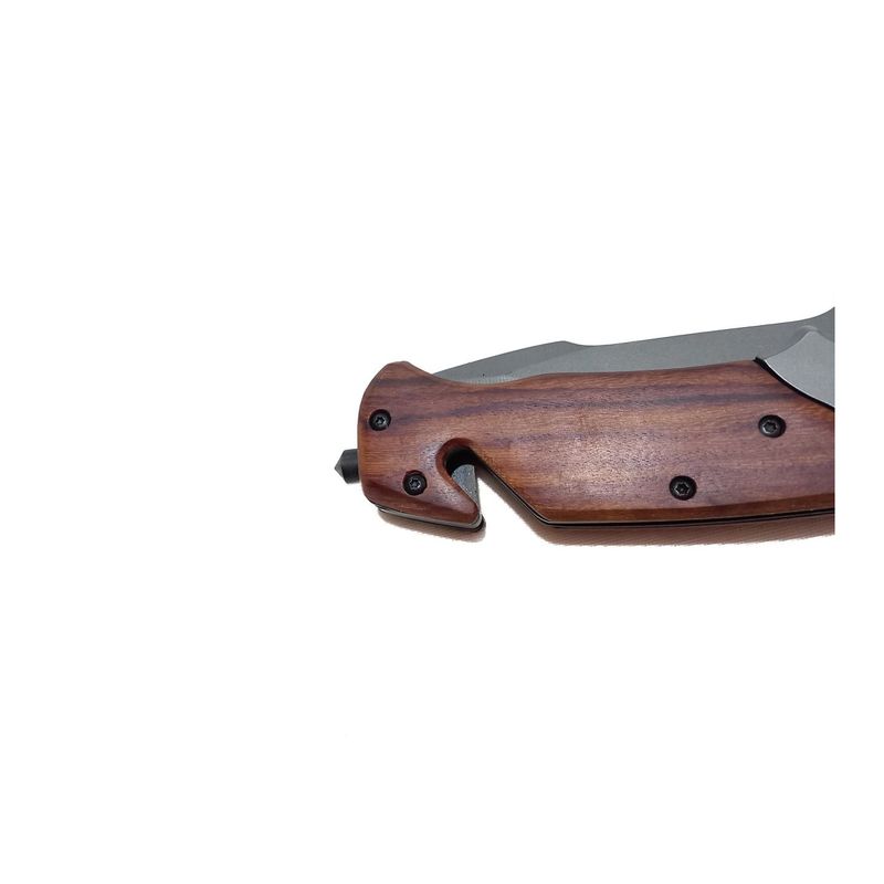 Sport si Outdoor - Camping - Cutite, bricege si accesorii - Cutite si bricege - Briceag Cu Sistem Taiat Centura Si Dispozitiv Pentru Spart Geamuri, Maner Lemn, Prindere Curea, Metalic, 22 cm, Gri - Infinity.ro