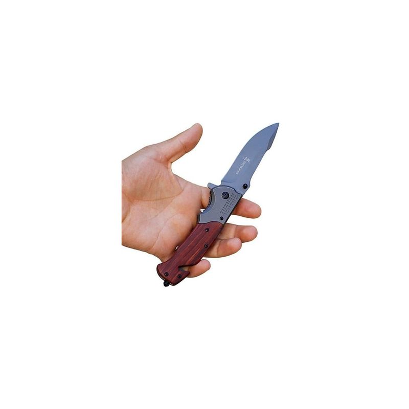Sport si Outdoor - Camping - Cutite, bricege si accesorii - Cutite si bricege - Briceag Cu Sistem Taiat Centura Si Dispozitiv Pentru Spart Geamuri, Maner Lemn, Prindere Curea, Metalic, 22 cm, Gri - Infinity.ro
