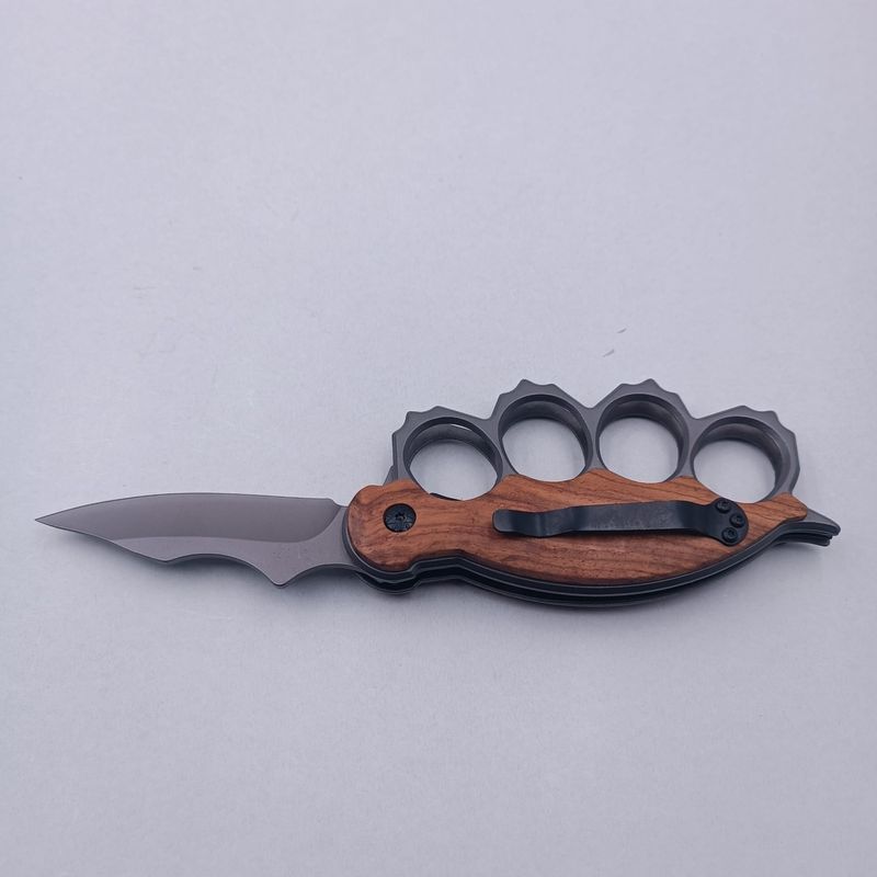 Sport si Outdoor - Camping - Cutite, bricege si accesorii - Cutite si bricege - Cutit Pumnal cu Deschidere pe Buton, Prindere Curea, Lama Curbata, Maner Lemn, Otel, 21 cm - Infinity.ro
