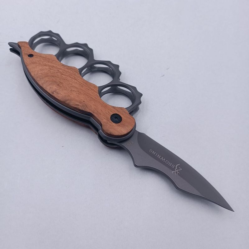 Sport si Outdoor - Camping - Cutite, bricege si accesorii - Cutite si bricege - Cutit Pumnal cu Deschidere pe Buton, Prindere Curea, Lama Curbata, Maner Lemn, Otel, 21 cm - Infinity.ro