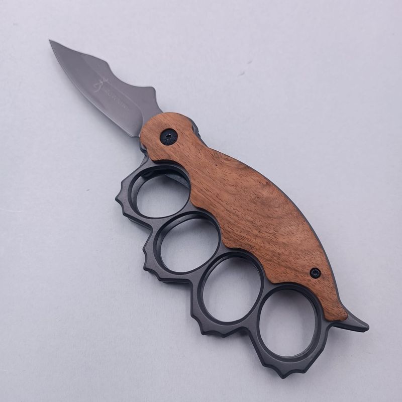 Sport si Outdoor - Camping - Cutite, bricege si accesorii - Cutite si bricege - Cutit Pumnal cu Deschidere pe Buton, Prindere Curea, Lama Curbata, Maner Lemn, Otel, 21 cm - Infinity.ro