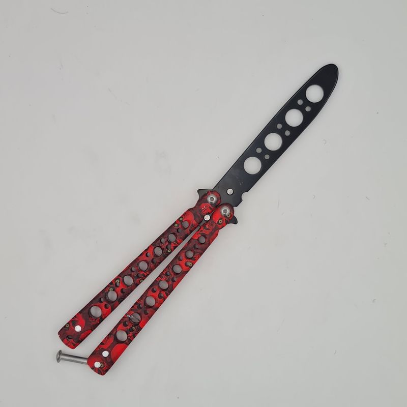 Sport si Outdoor - Camping - Cutite, bricege si accesorii - Cutite si bricege - Cutit fluture Butterfly, Balisong  22 cm, cranii m2, rosu, fara tais, de antrenament, model cercuri - Infinity.ro