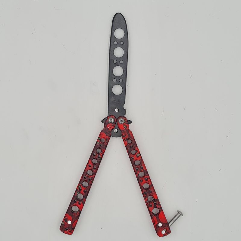 Sport si Outdoor - Camping - Cutite, bricege si accesorii - Cutite si bricege - Cutit fluture Butterfly, Balisong  22 cm, cranii m2, rosu, fara tais, de antrenament, model cercuri - Infinity.ro