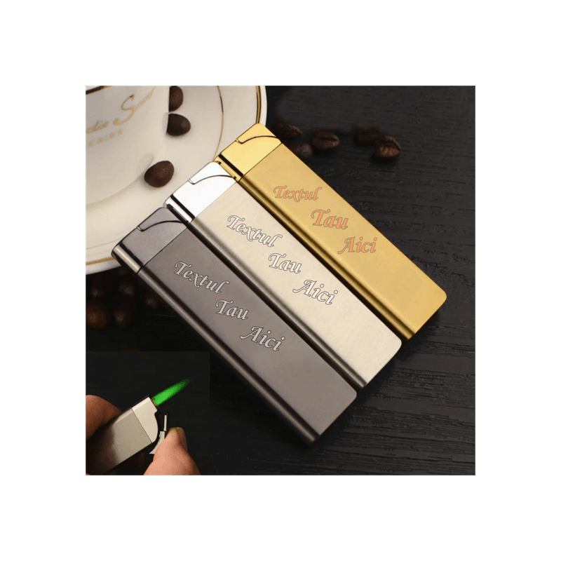 Market - Tutun si tigari - Articole si accesorii tutun - Bricheta cu Flacara Verde, Personalizata cu Textul Tau, Model Slim de Metal, Antivant, Reincarcabil, 8 cm - Infinity.ro