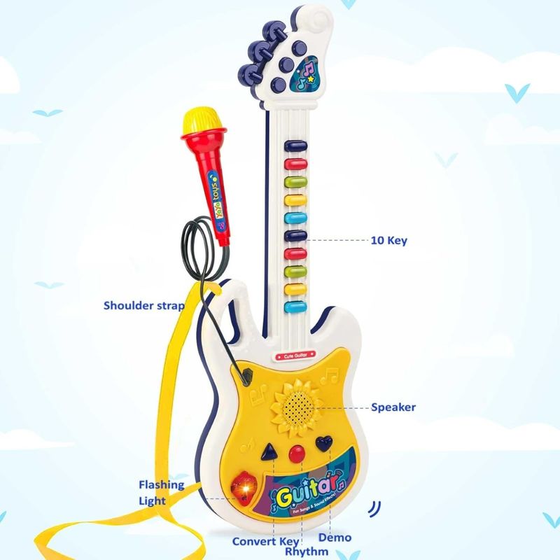 Jucarii, Copii si Bebe - Jucarii si jocuri - Jucarii de rol - Instrumente muzicale de jucarie - Chitara de Jucarie Pentru Copii cu Agatatoare de Gat, Microfon, Lumini si Sunete, 44 cm, Multicolor - Infinity.ro