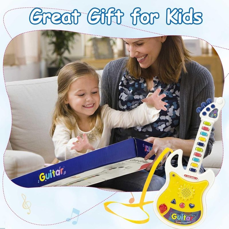 Jucarii, Copii si Bebe - Jucarii si jocuri - Jucarii de rol - Instrumente muzicale de jucarie - Chitara de Jucarie Pentru Copii cu Agatatoare de Gat, Microfon, Lumini si Sunete, 44 cm, Multicolor - Infinity.ro