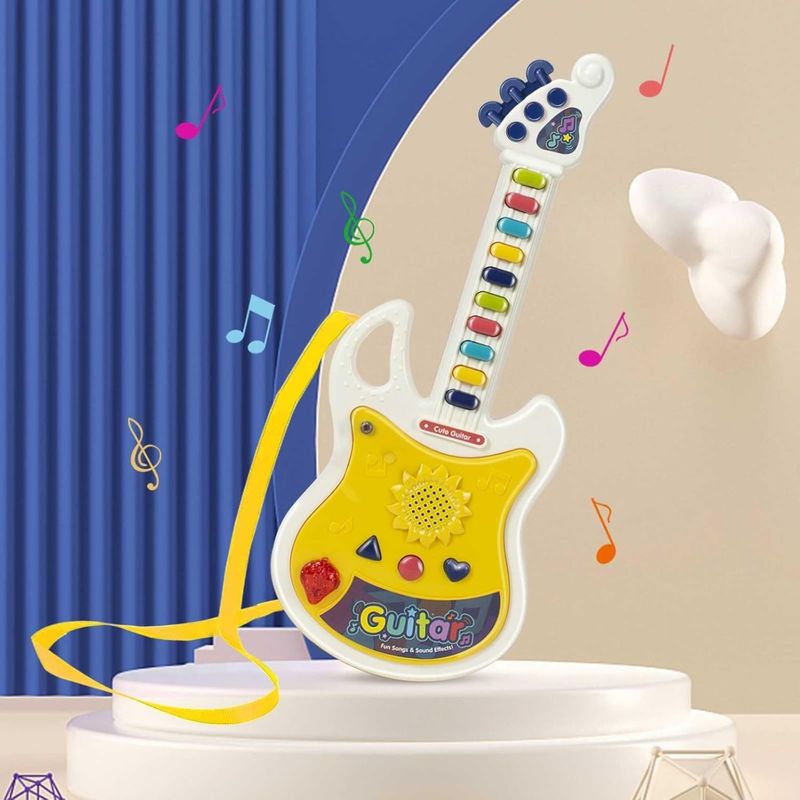 Jucarii, Copii si Bebe - Jucarii si jocuri - Jucarii de rol - Instrumente muzicale de jucarie - Chitara de Jucarie Pentru Copii cu Agatatoare de Gat, Microfon, Lumini si Sunete, 44 cm, Multicolor - Infinity.ro