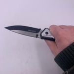 Sport si Outdoor - Camping - Cutite, bricege si accesorii - Cutite si bricege - Briceag The Punisher, Deschidere Automata a Lamei pe Buton, Prindere Curea, 20 cm, Metalic, Fade, Negru - Infinity.ro