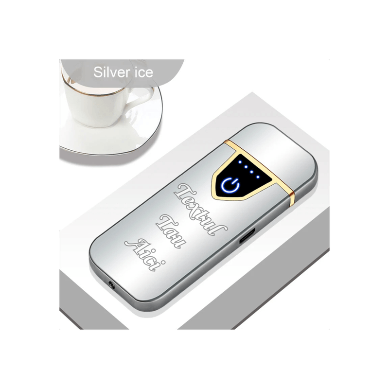Market - Tutun si tigari - Articole si accesorii tutun - Bricheta Electronica cu Incarcare USB, Personalizata cu Textul Tau, Buton cu Lumina, Cu Senzor De Amprenta, 7 cm - Infinity.ro