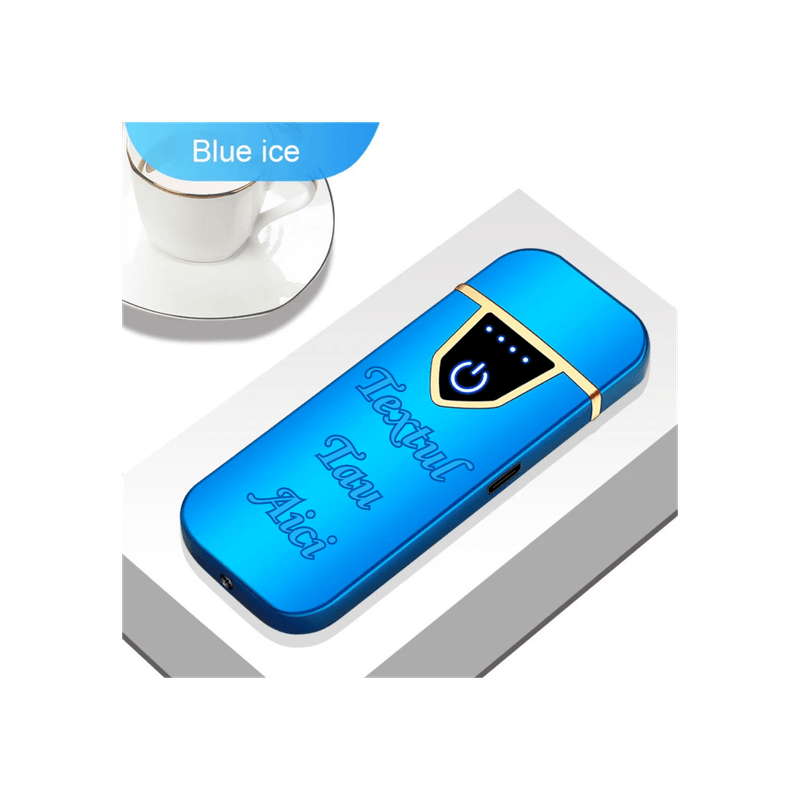 Market - Tutun si tigari - Articole si accesorii tutun - Bricheta Electronica cu Incarcare USB, Personalizata cu Textul Tau, Buton cu Lumina, Cu Senzor De Amprenta, 7 cm - Infinity.ro