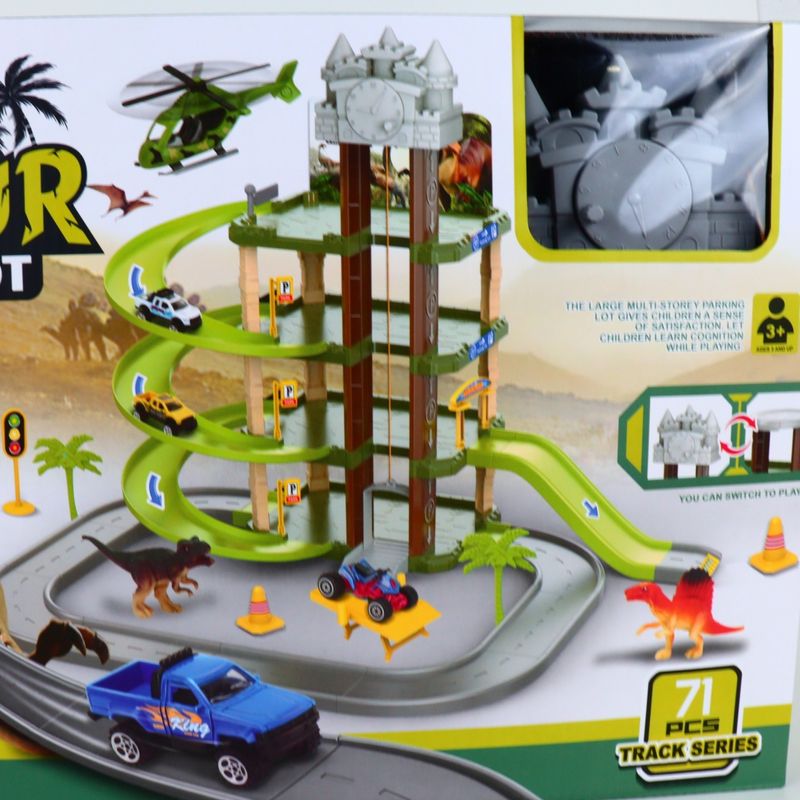Jucarii, Copii si Bebe - Jucarii si jocuri - Seturi de constructie si cuburi - Seturi de constructie - Jucarie Dinozaur Loc de Parcare, 3 Etaje, Pista, 40 cm, Multicolor - Infinity.ro