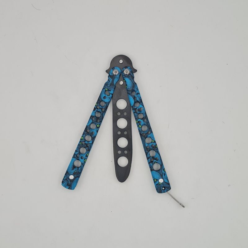 Sport si Outdoor - Camping - Cutite, bricege si accesorii - Cutite si bricege - Cutit fluture Butterfly, Balisong  22 cm, cranii m2, albastru, fara tais, de antrenament, model cercuri - Infinity.ro