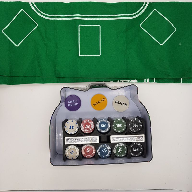 Jucarii, Copii si Bebe - Jucarii si jocuri - Jocuri si puzzle - Jocuri de societate - Poker Texas Holden negru 200 jetoane, 2 carti, covoras, 3 butoane, cutie - Infinity.ro